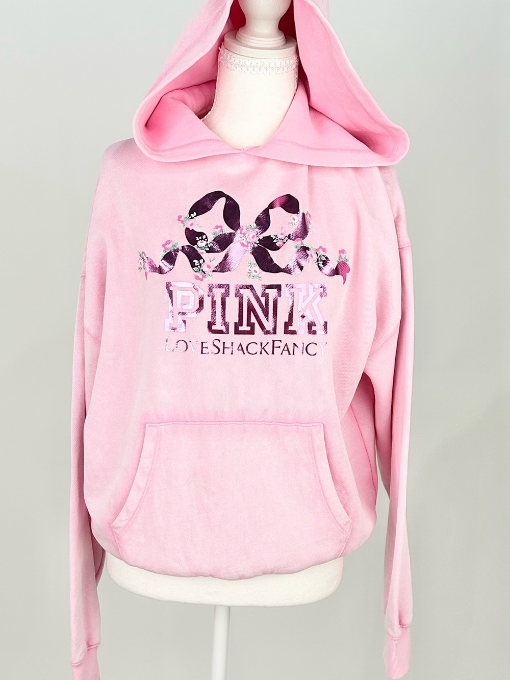 PINK x LoveShackFancy Hoodie XS Pink Metallic Floral Bow Oversized